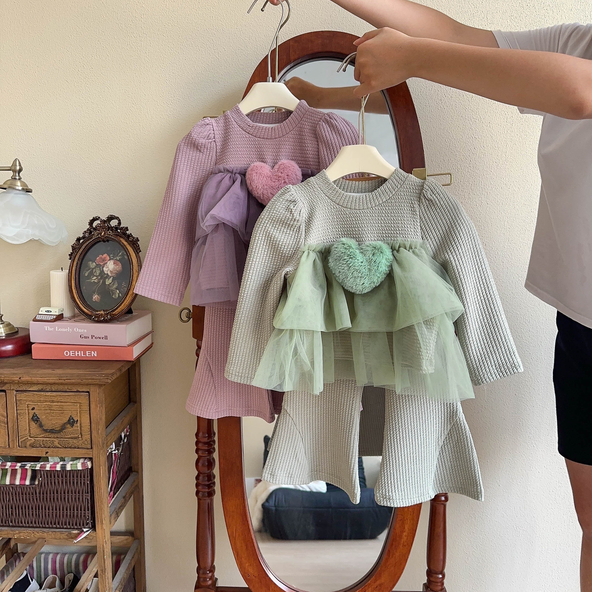 Toddler Girl Plush Heart Mesh Top and Pants 2-piece Sets