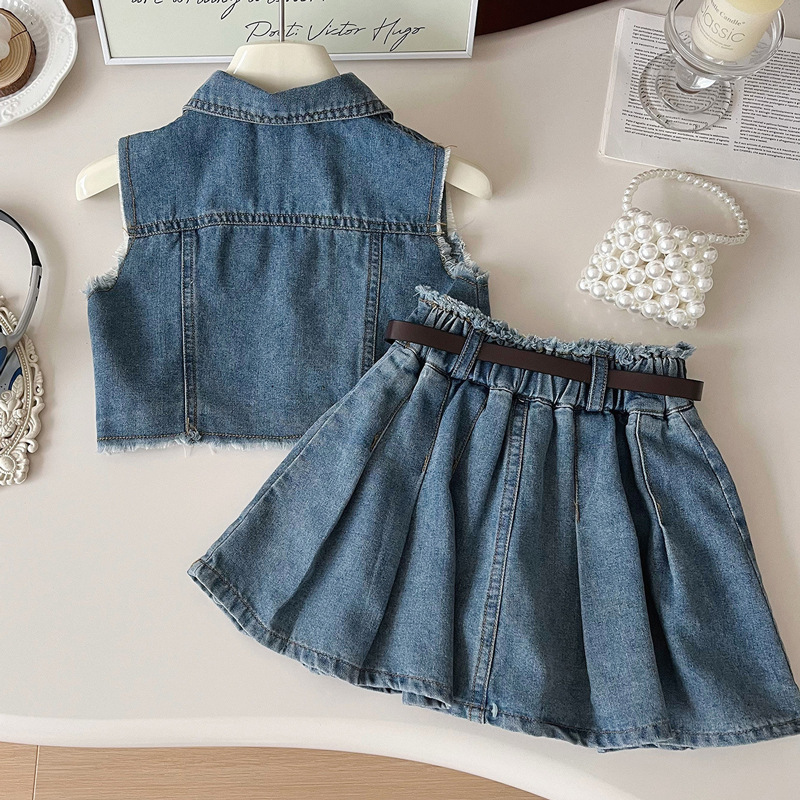 Toddler Girls Denim Sleeveless Jacket Pleated Skirt Suit