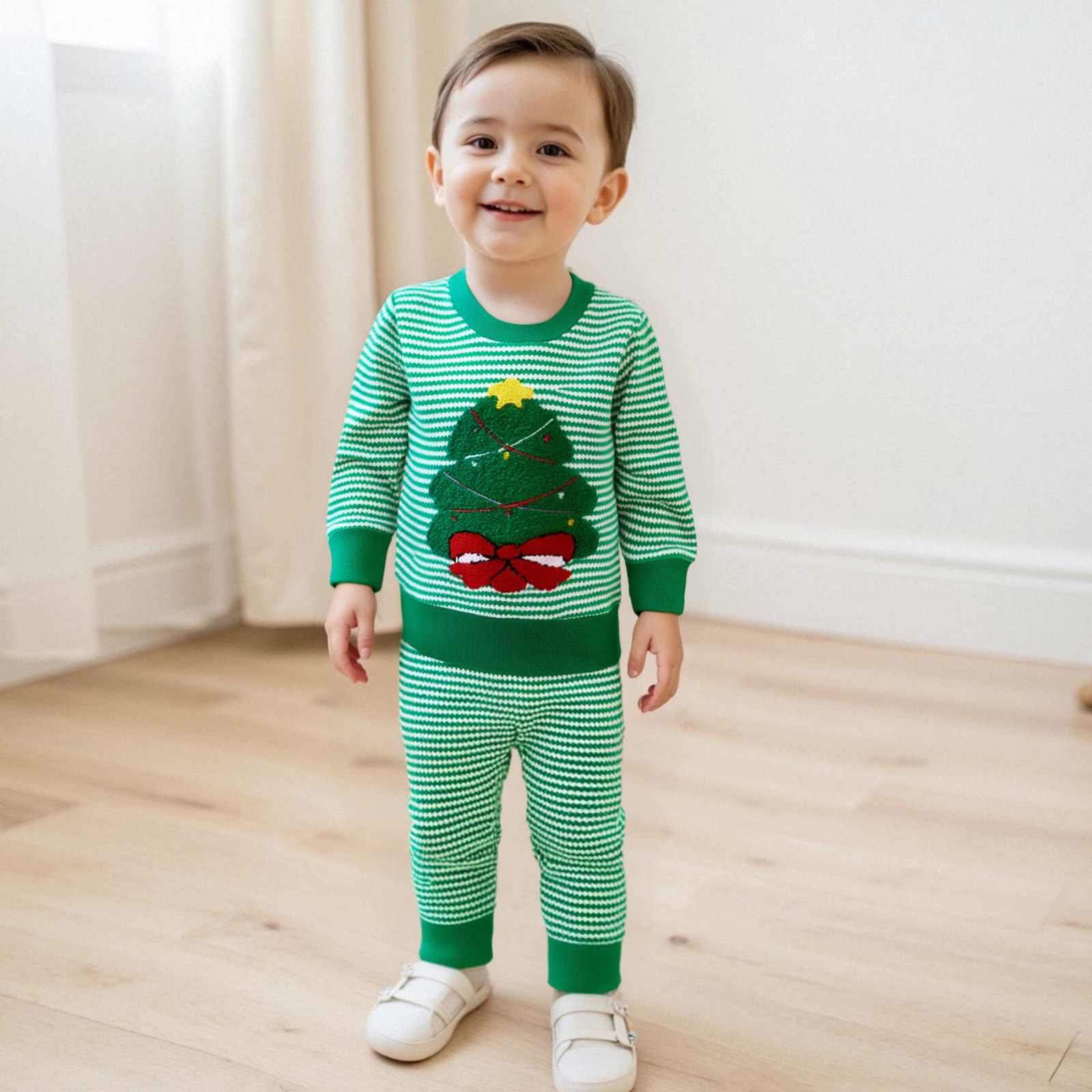 Baby Christmas Waffle Kids Christmas Tree Embroidery Stripe 2-Piece Set