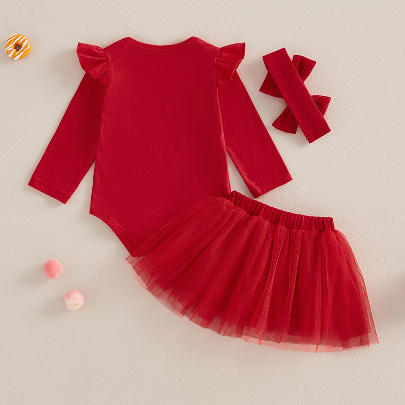 3-Piece Santa Baby Red Letter Embroidery  Bodysuit Tulle Skirt Set