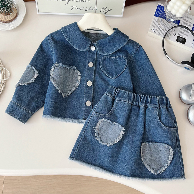 Toddler Girls Denim Love Patch Jacket Pleated Skirt Suit