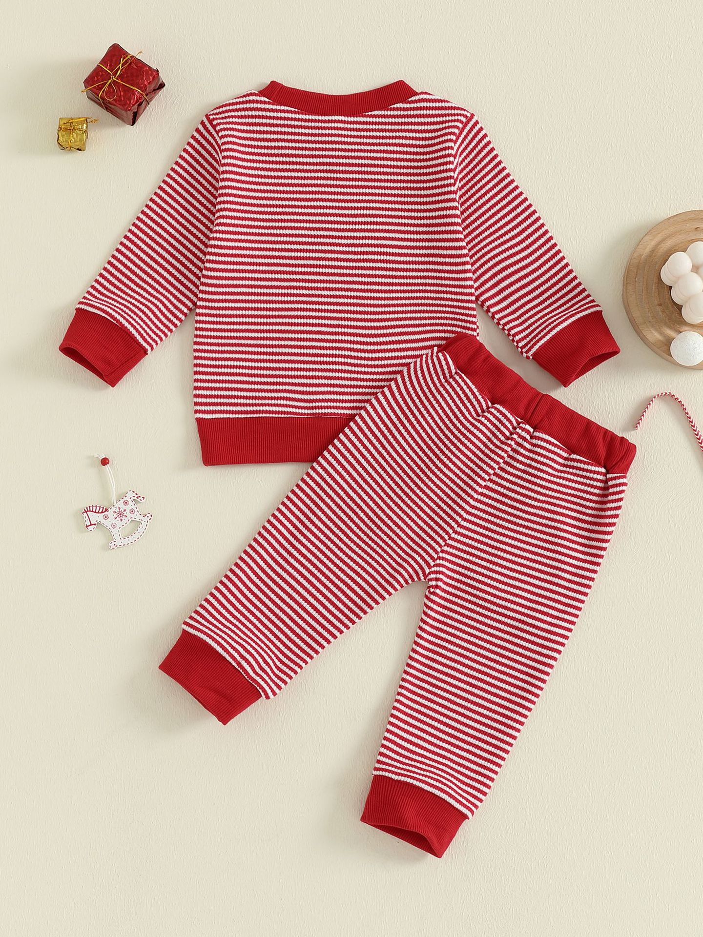 Baby Christmas Waffle Kids MERRY Embroidery Stripe 2-Piece Set