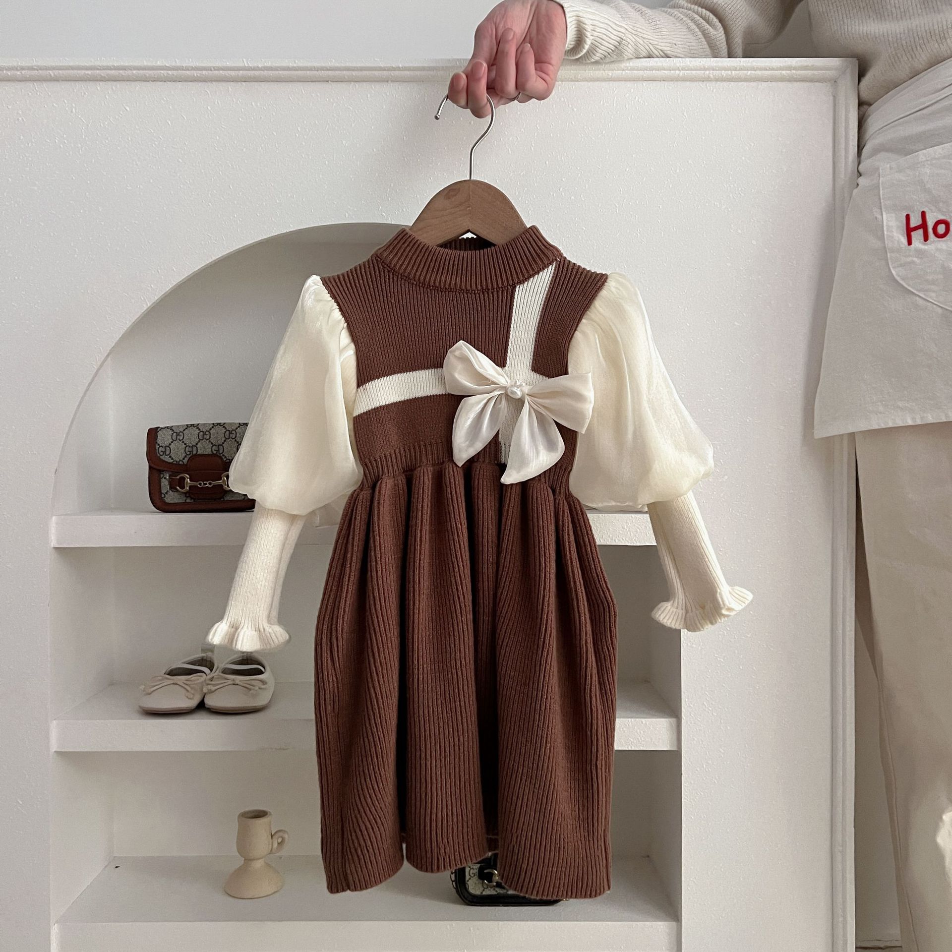 Toddler Girl White Bow Knitted Dress