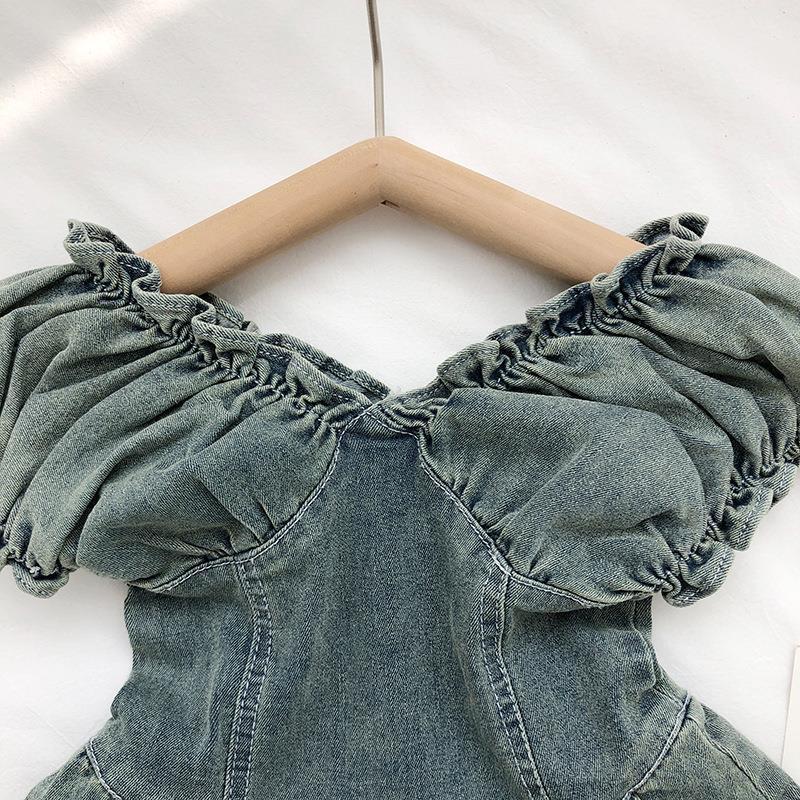 Kid Girl V Neck Lace Denim Dress