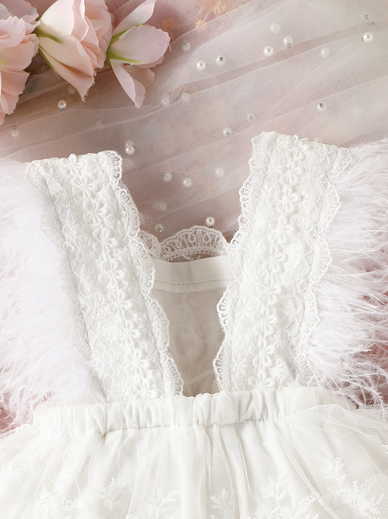 Baby Feather Sleeves Lace Skirted Bodysuit
