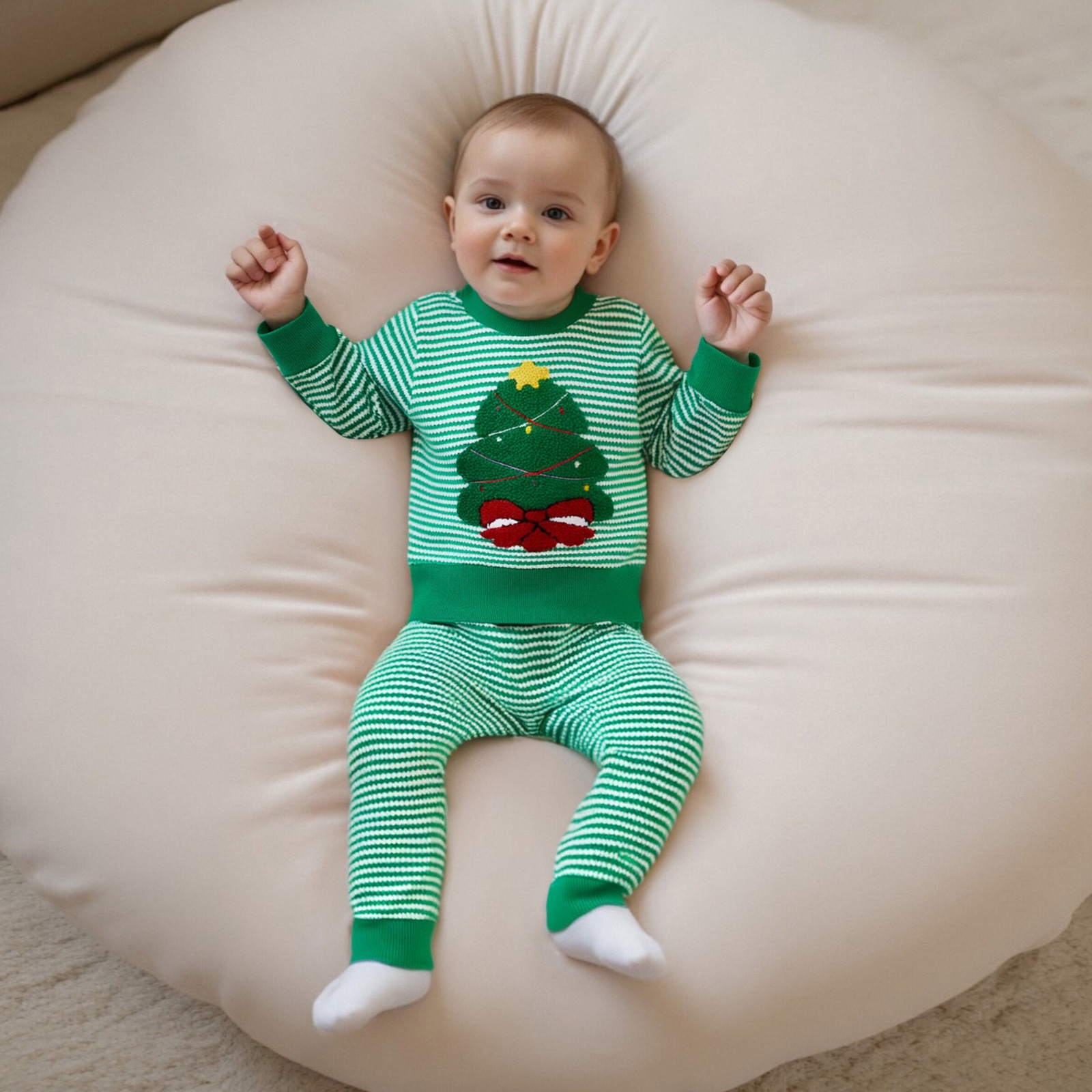 Baby Christmas Waffle Kids Christmas Tree Embroidery Stripe 2-Piece Set