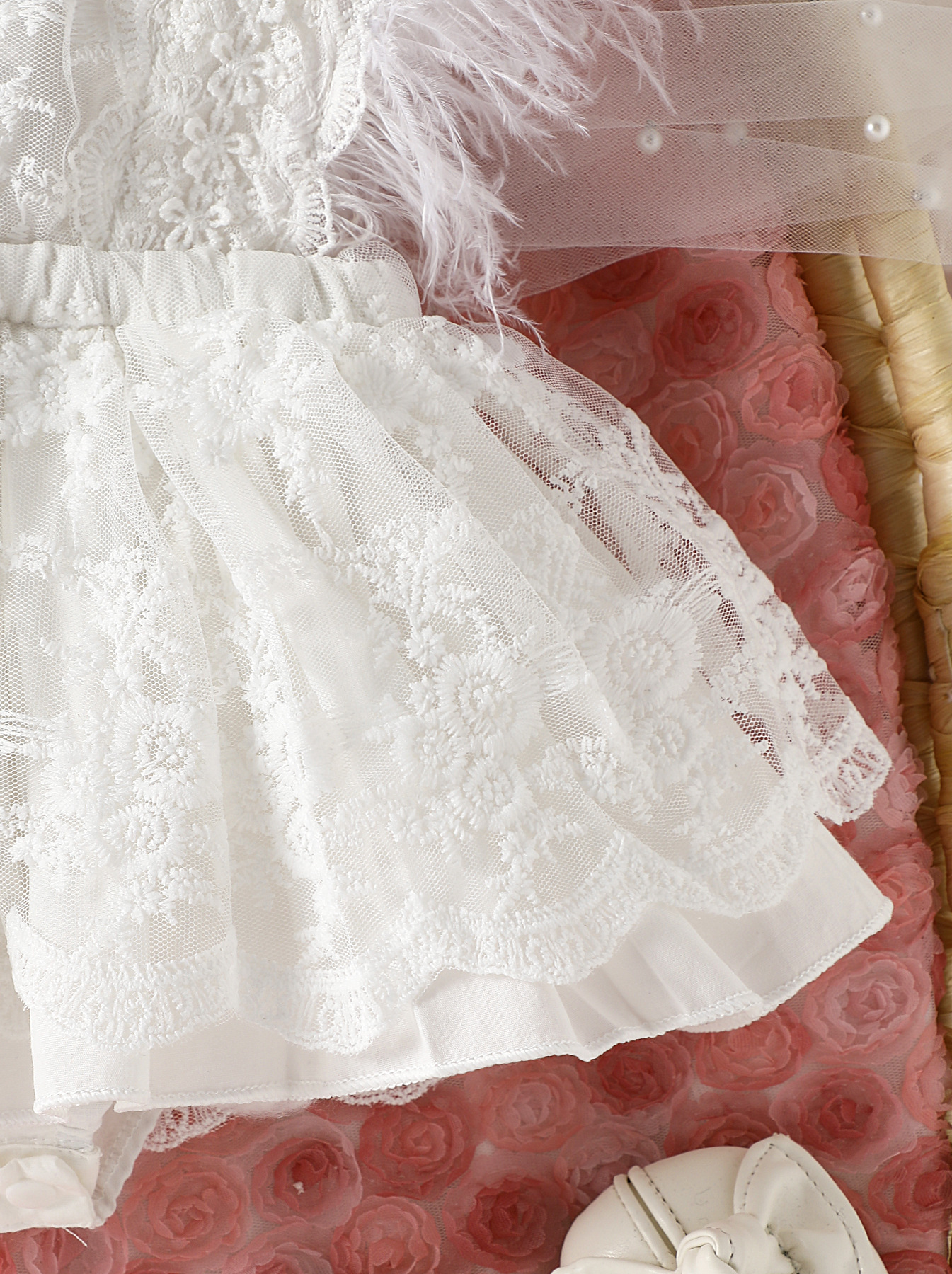 Baby Feather Sleeves Lace Skirted Bodysuit