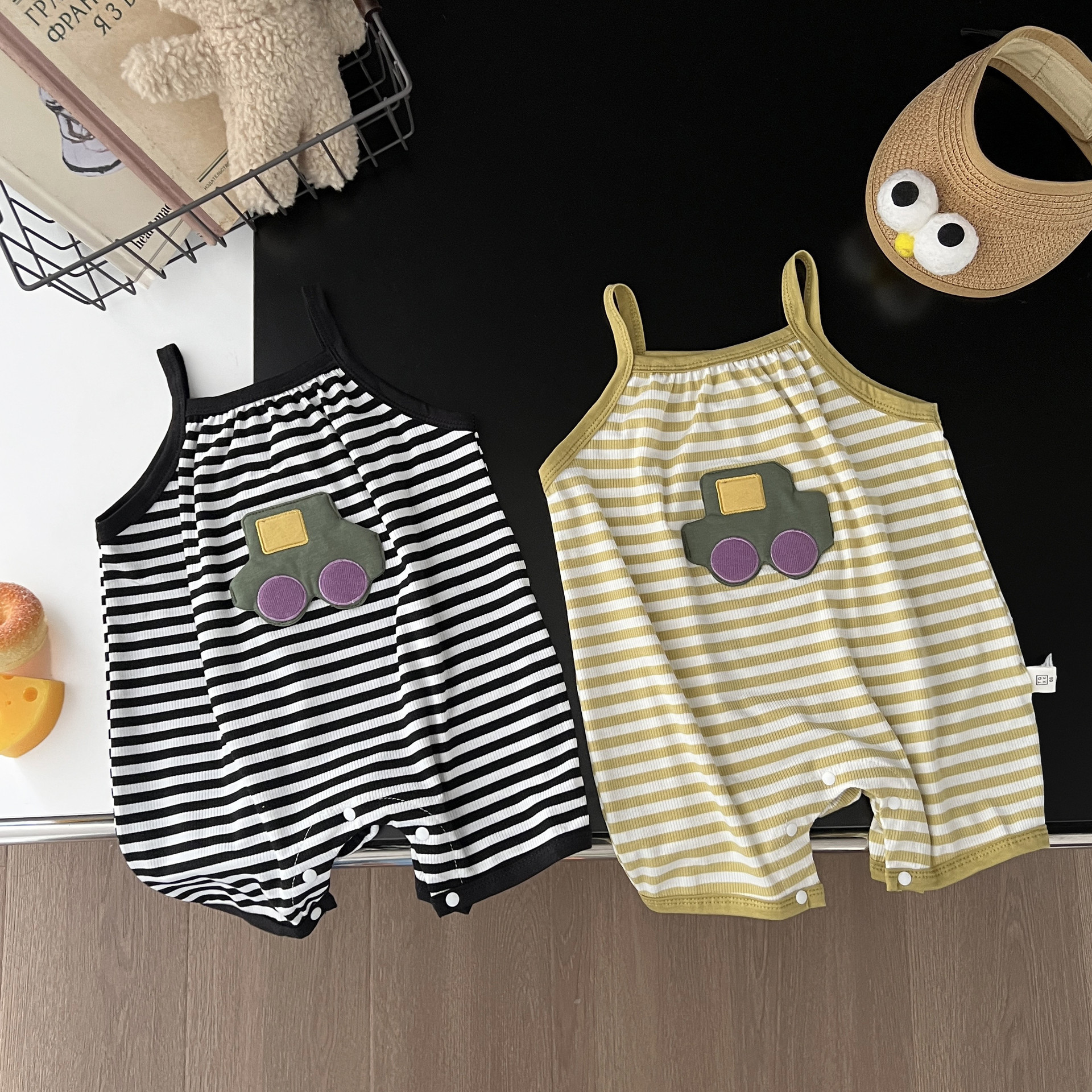 Baby Car Patch Striped Suspender Romper