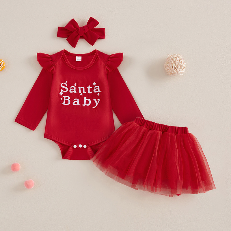 3-Piece Santa Baby Red Letter Embroidery  Bodysuit Tulle Skirt Set