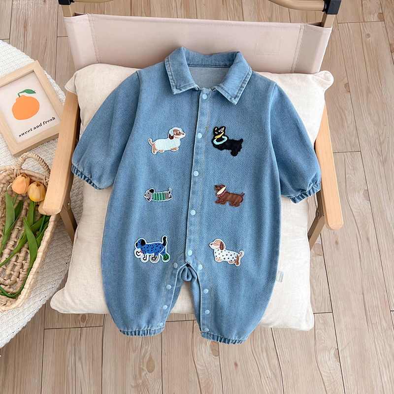 Baby Dog Patches Blue Denim Lapel Romper