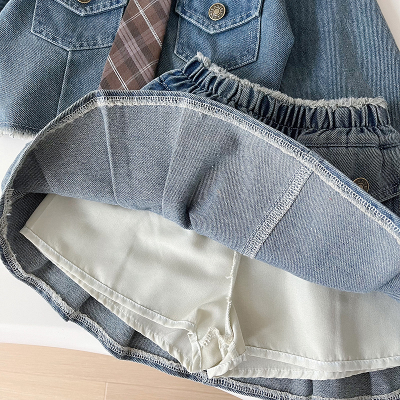 Toddler Girls Denim Jacket Pleated Skirt Suit