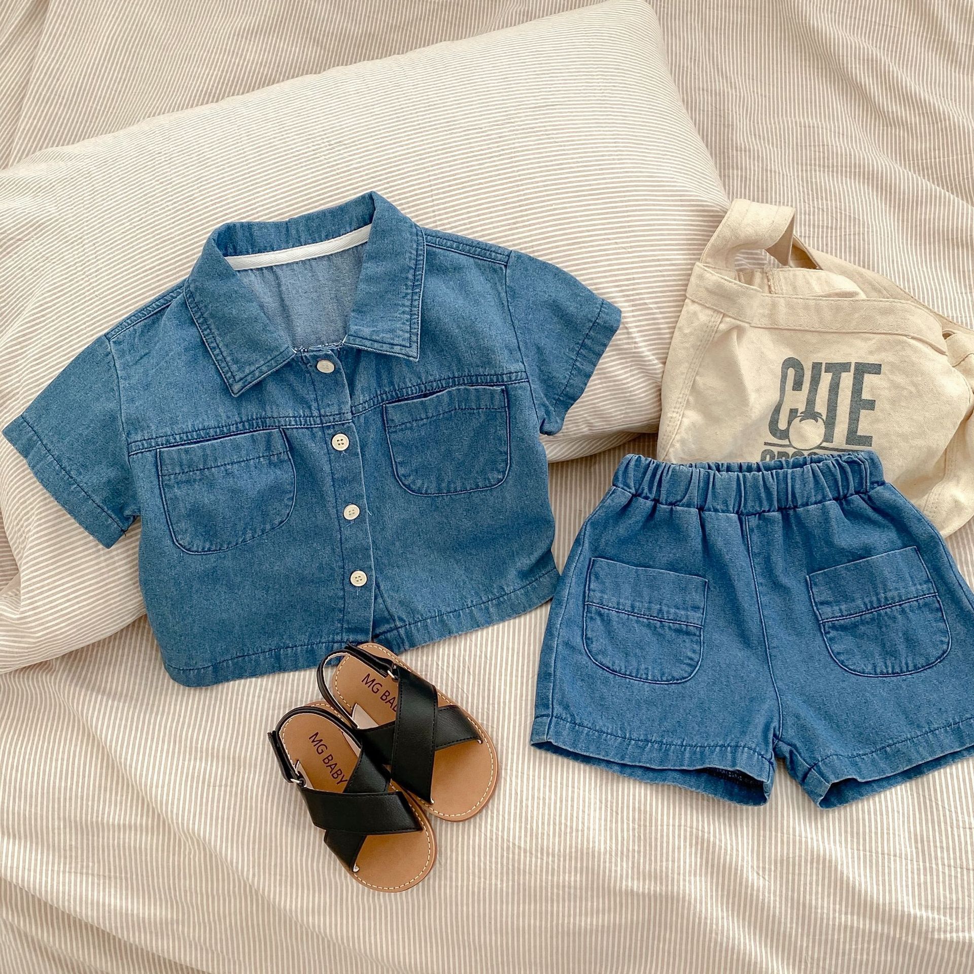 Baby Toddler 2-Piece Solid Color Denim Polo Set
