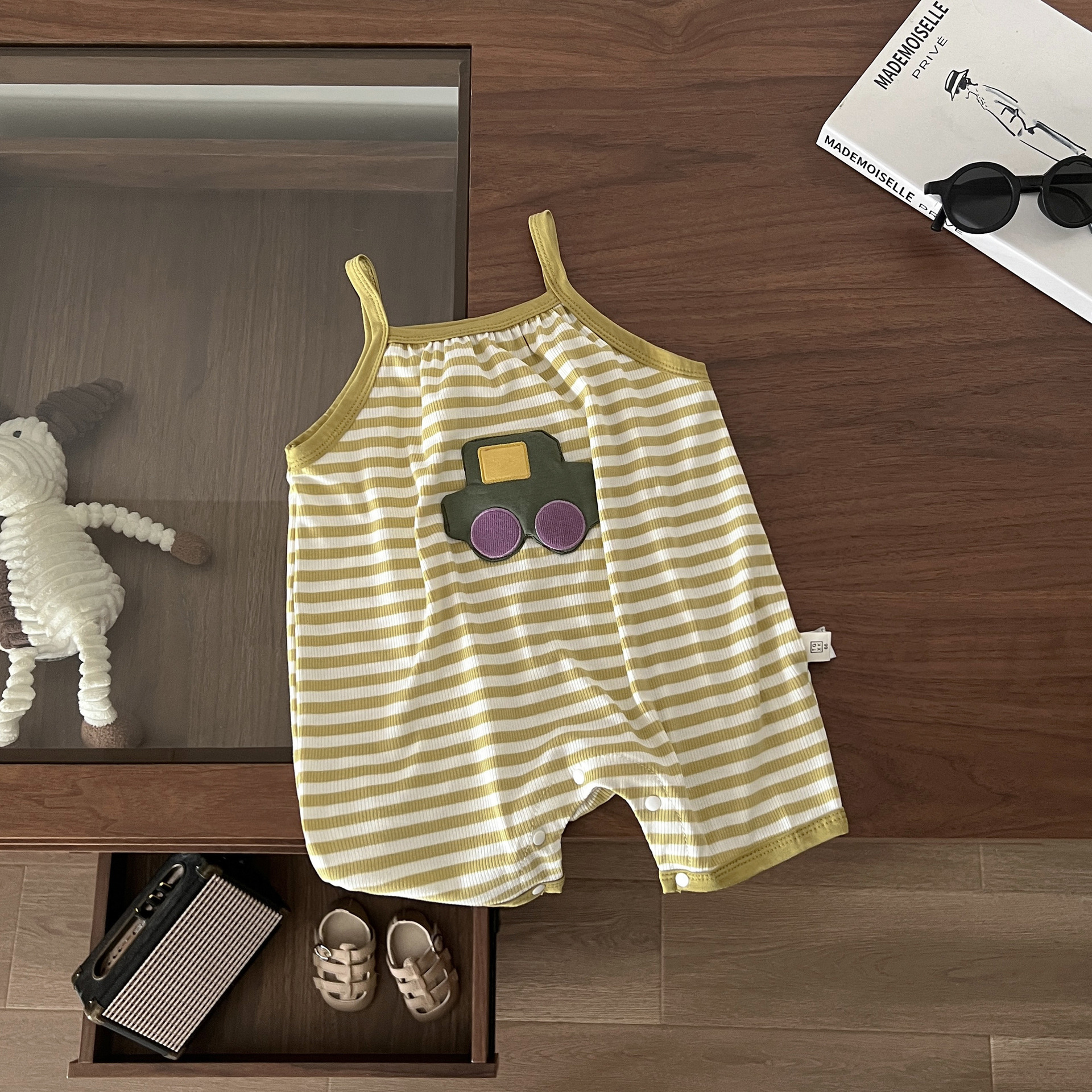 Baby Car Patch Striped Suspender Romper