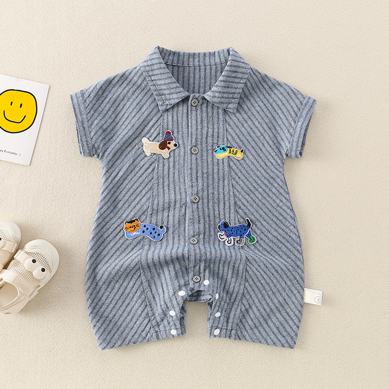 Baby Dog Stripe Blue Lapel Romper