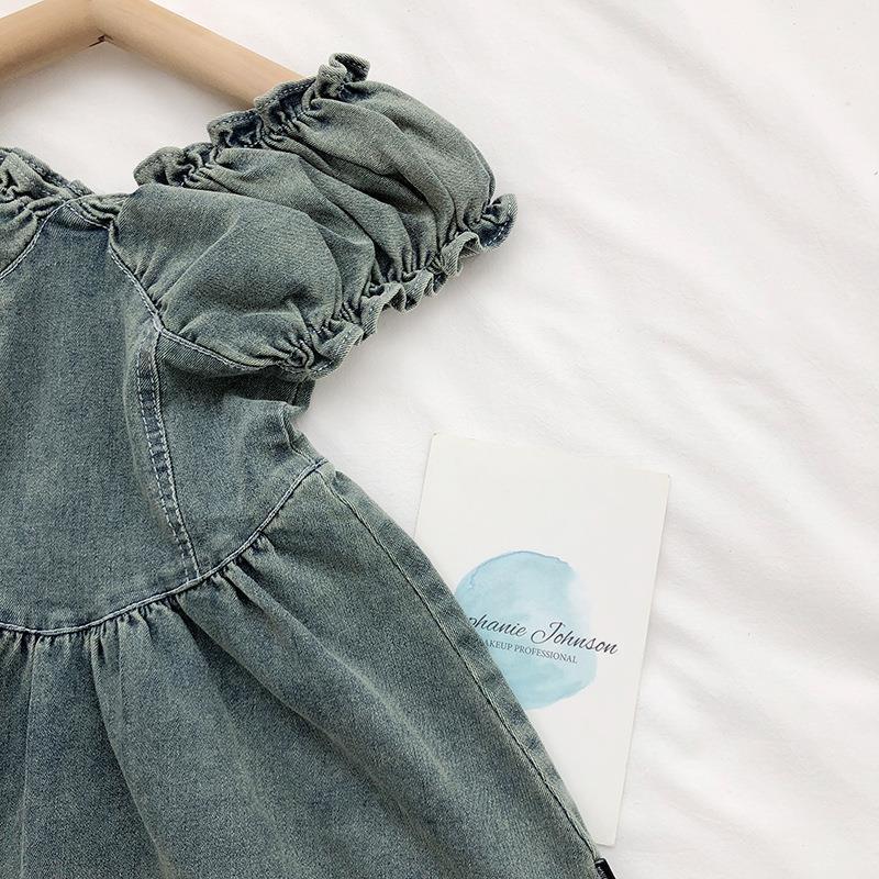 Kid Girl V Neck Lace Denim Dress