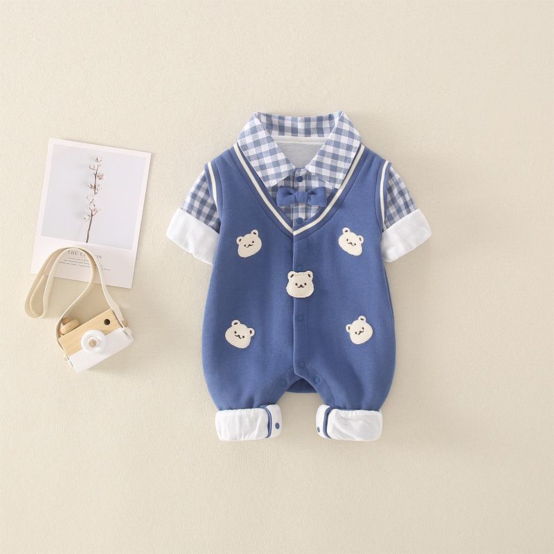  Baby Boy Double Bear Plaid Knot Bow Causual Romper