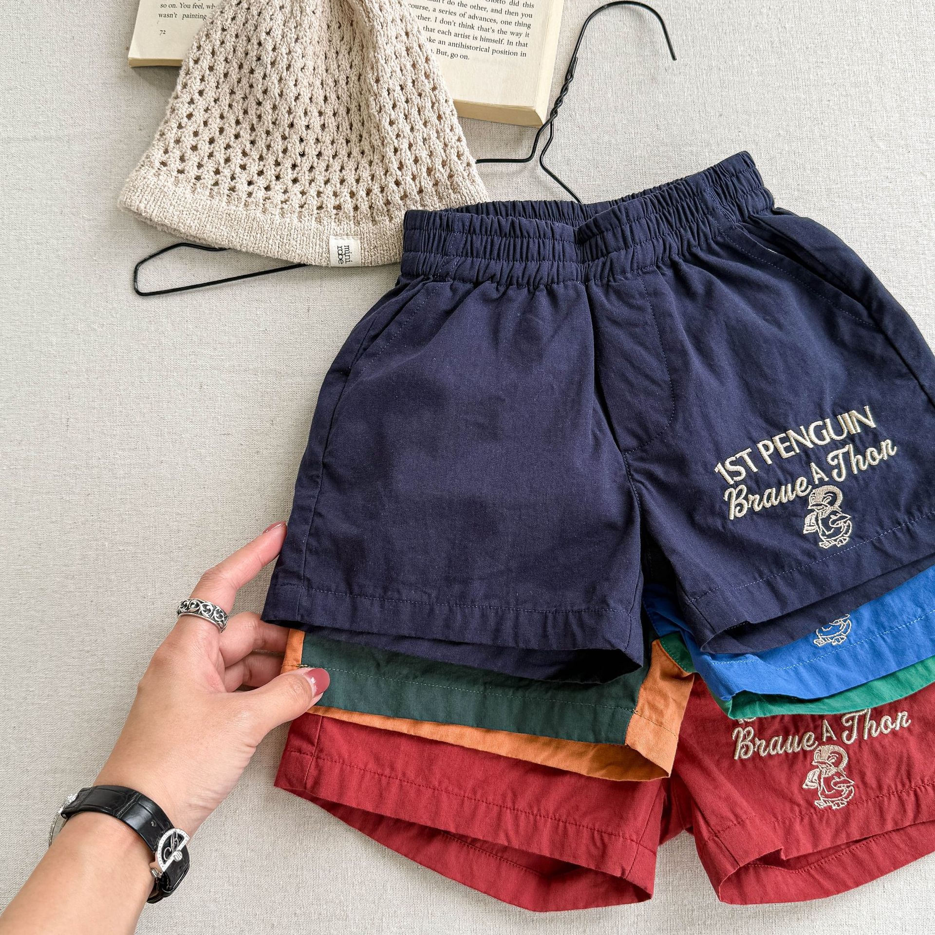 Toddler Penguins Embroidery Contrast Shorts