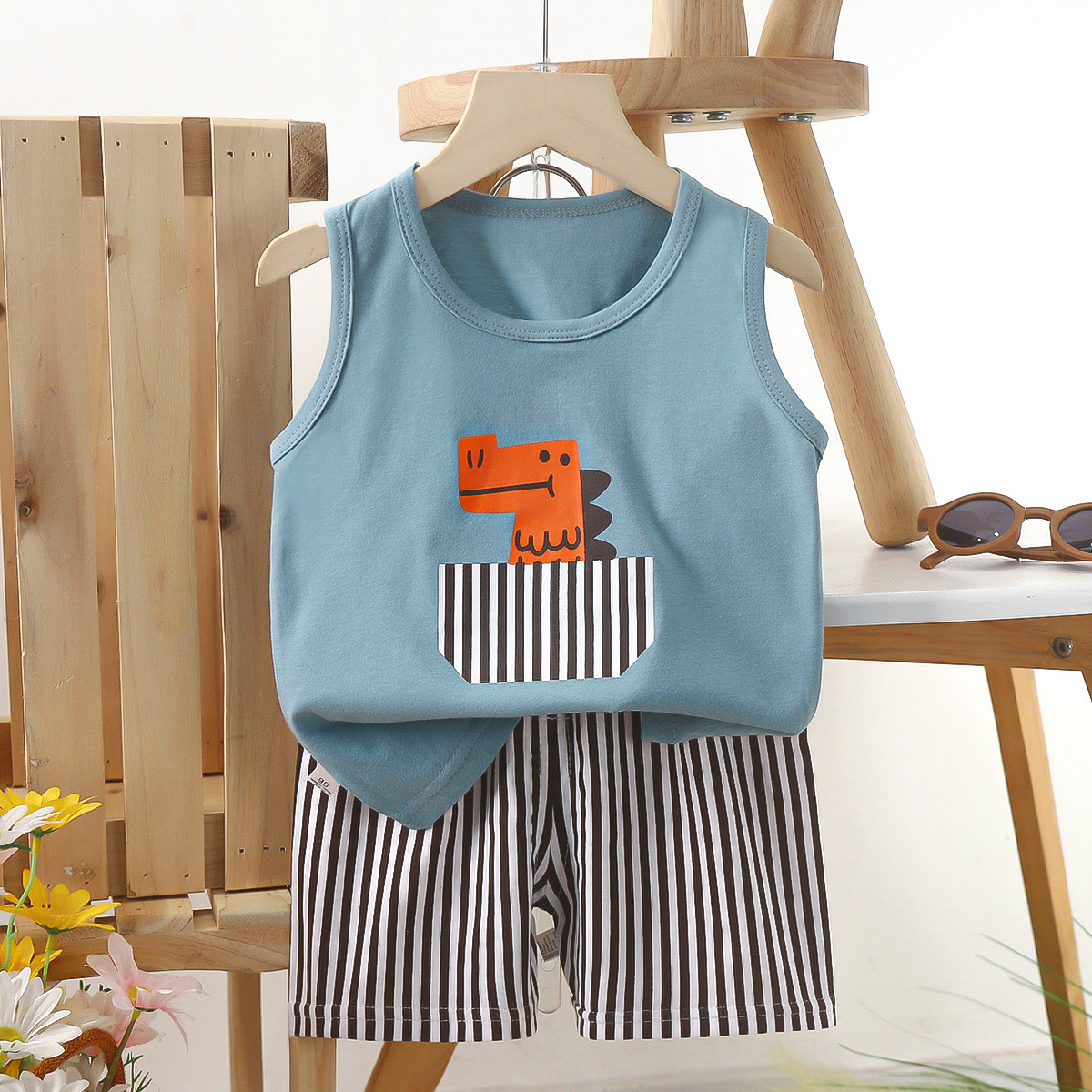 Baby Dinosaur Vest and Stripe Shorts Set