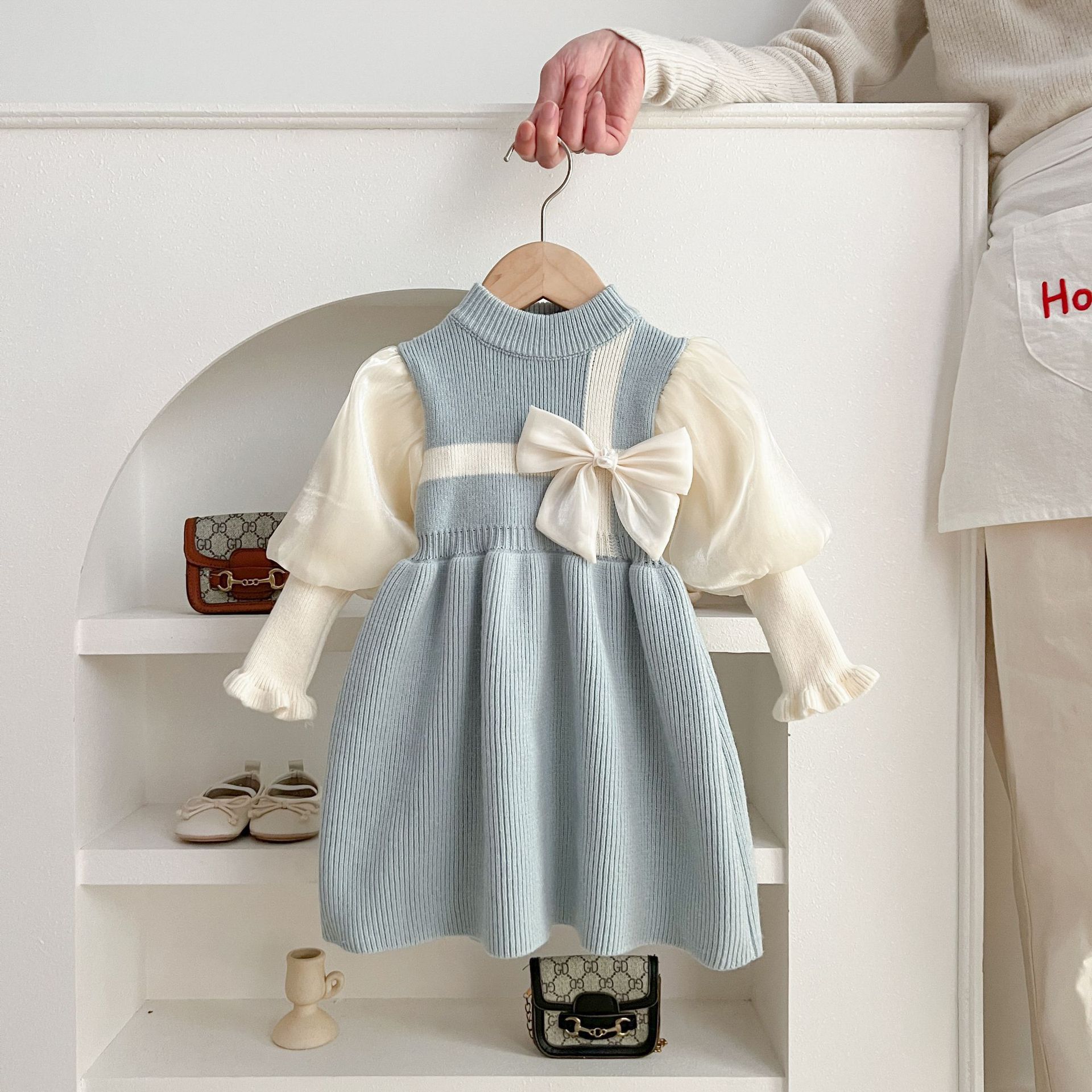 Toddler Girl White Bow Knitted Dress
