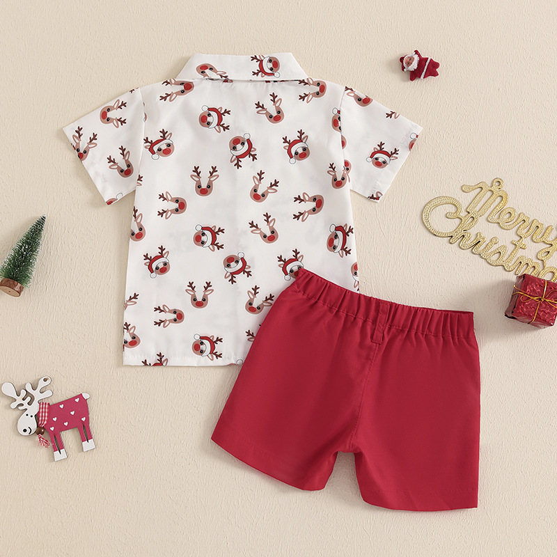 Boys & Christmas Deer Print Bow Tie Short Sleeve Shirt and Shorts 2-Piece Set