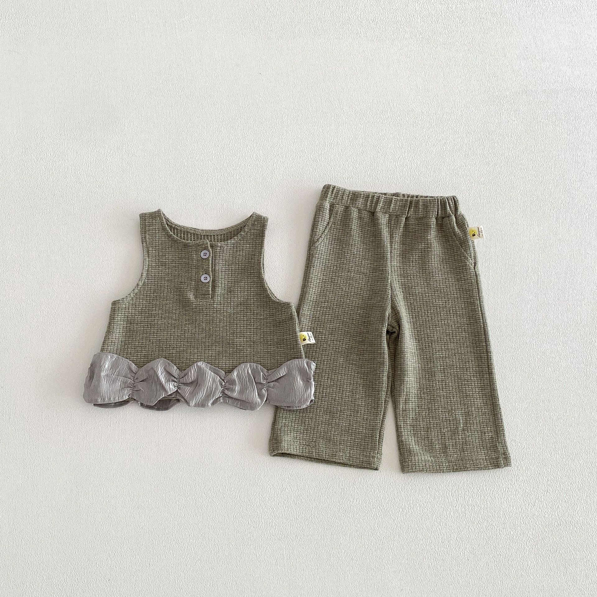 Baby Toddler Girl Solid Color Lace Tank Top & Pants/Top