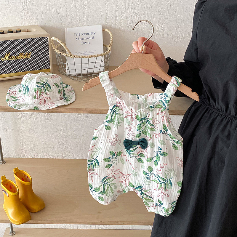 Baby Green Leaves White Romper With Hat