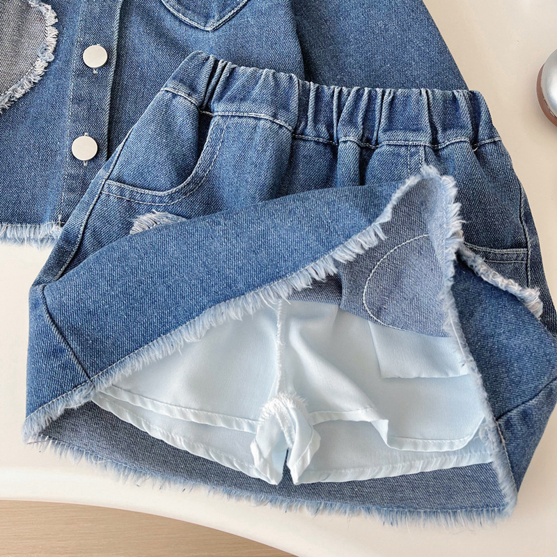 Toddler Girls Denim Love Patch Jacket Pleated Skirt Suit