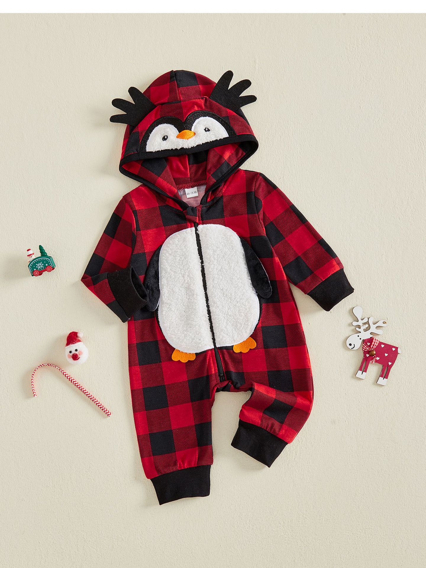 Cute Penguin Baby Hooded Zipper & Allover Print Plaid Long Sleeve Jumpsuit