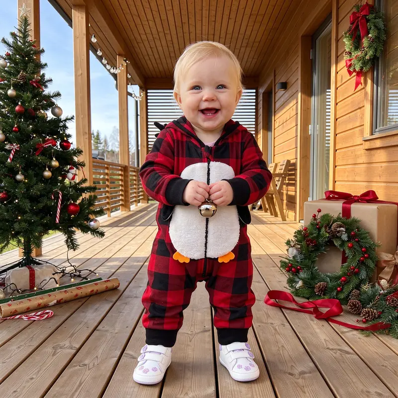 Cute Penguin Baby Hooded Zipper & Allover Print Plaid Long Sleeve Jumpsuit