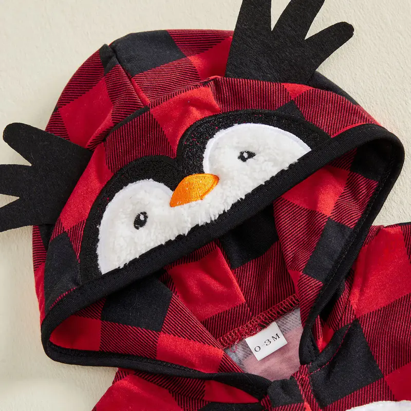 Cute Penguin Baby Hooded Zipper & Allover Print Plaid Long Sleeve Jumpsuit
