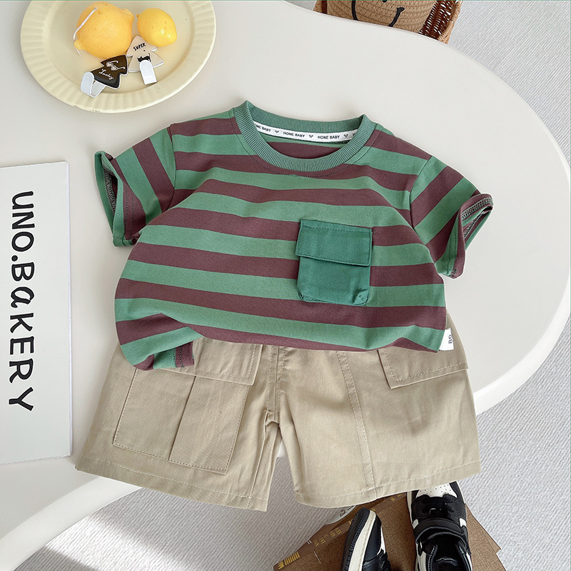 Toddler Boy Green Striped T-shirt and Pants 2 Pieces Set