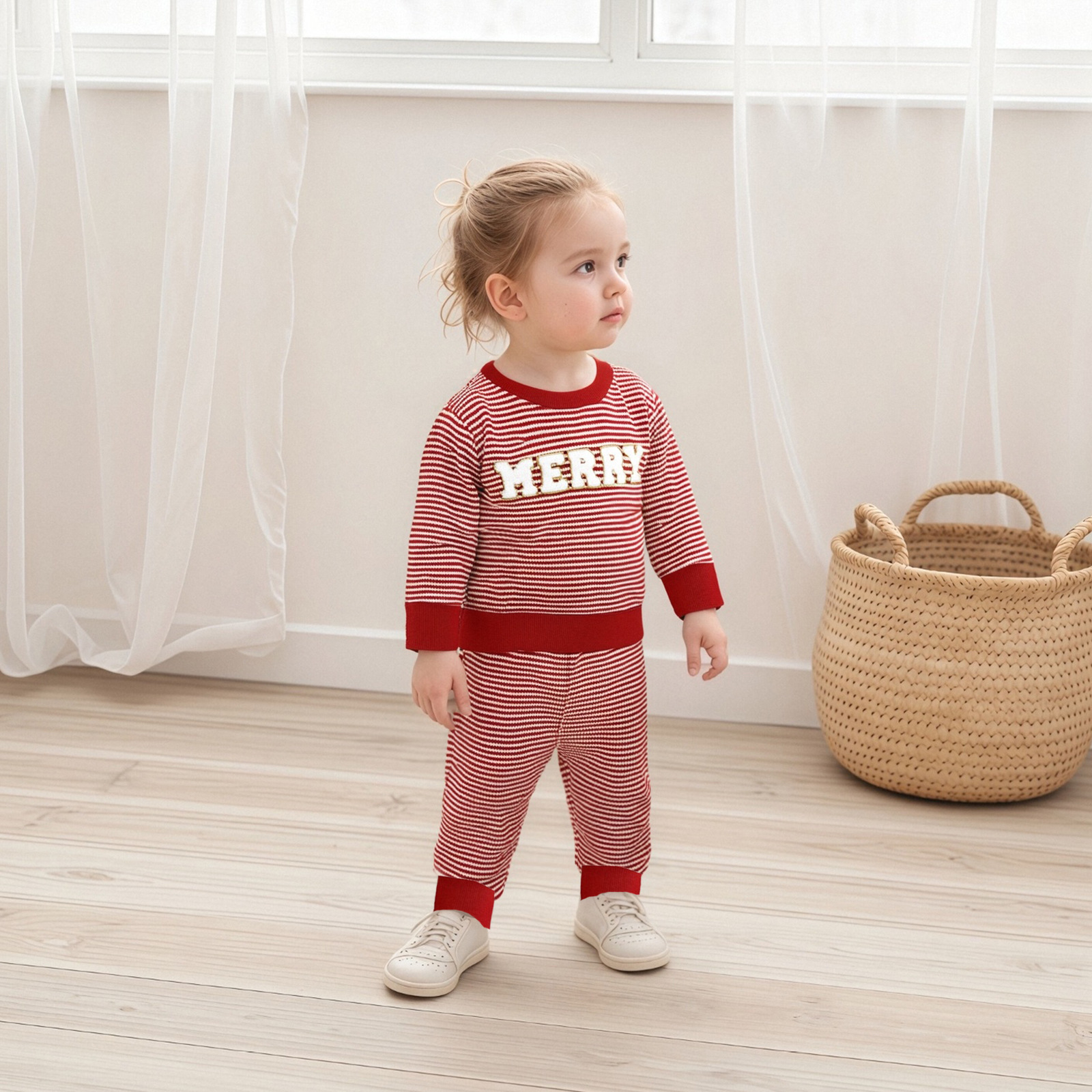 Baby Christmas Waffle Kids MERRY Embroidery Stripe 2-Piece Set