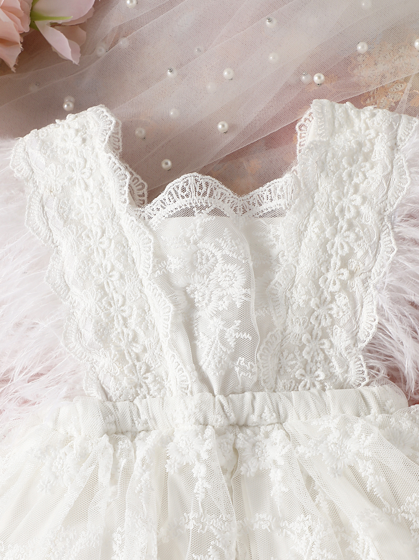 Baby Feather Sleeves Lace Skirted Bodysuit