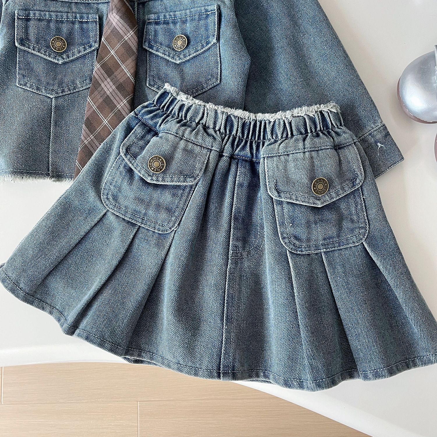 Toddler Girls Denim Jacket Pleated Skirt Suit