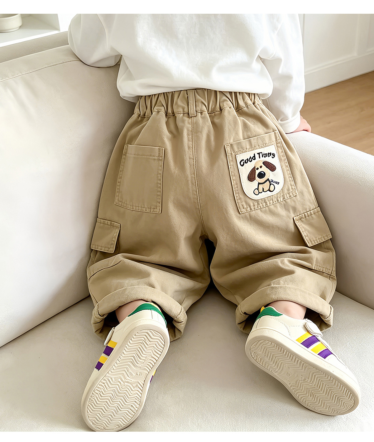 Kids Solid Color Embroidered Dog Cargo Pants