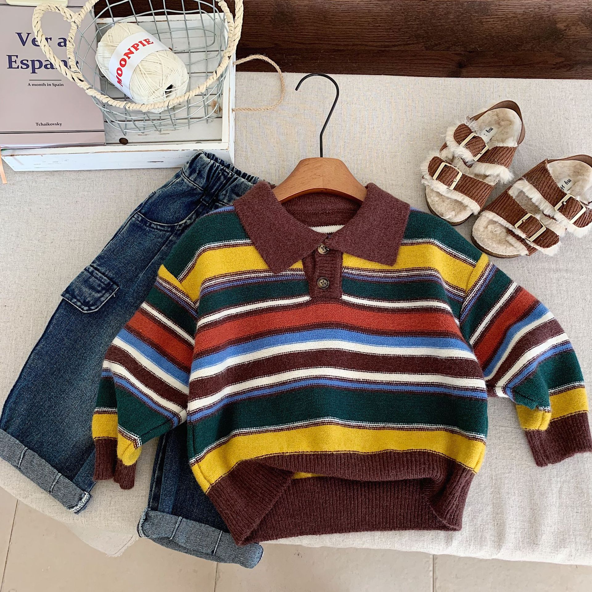 Kid Retro Colorful Striped Lapel Sweater