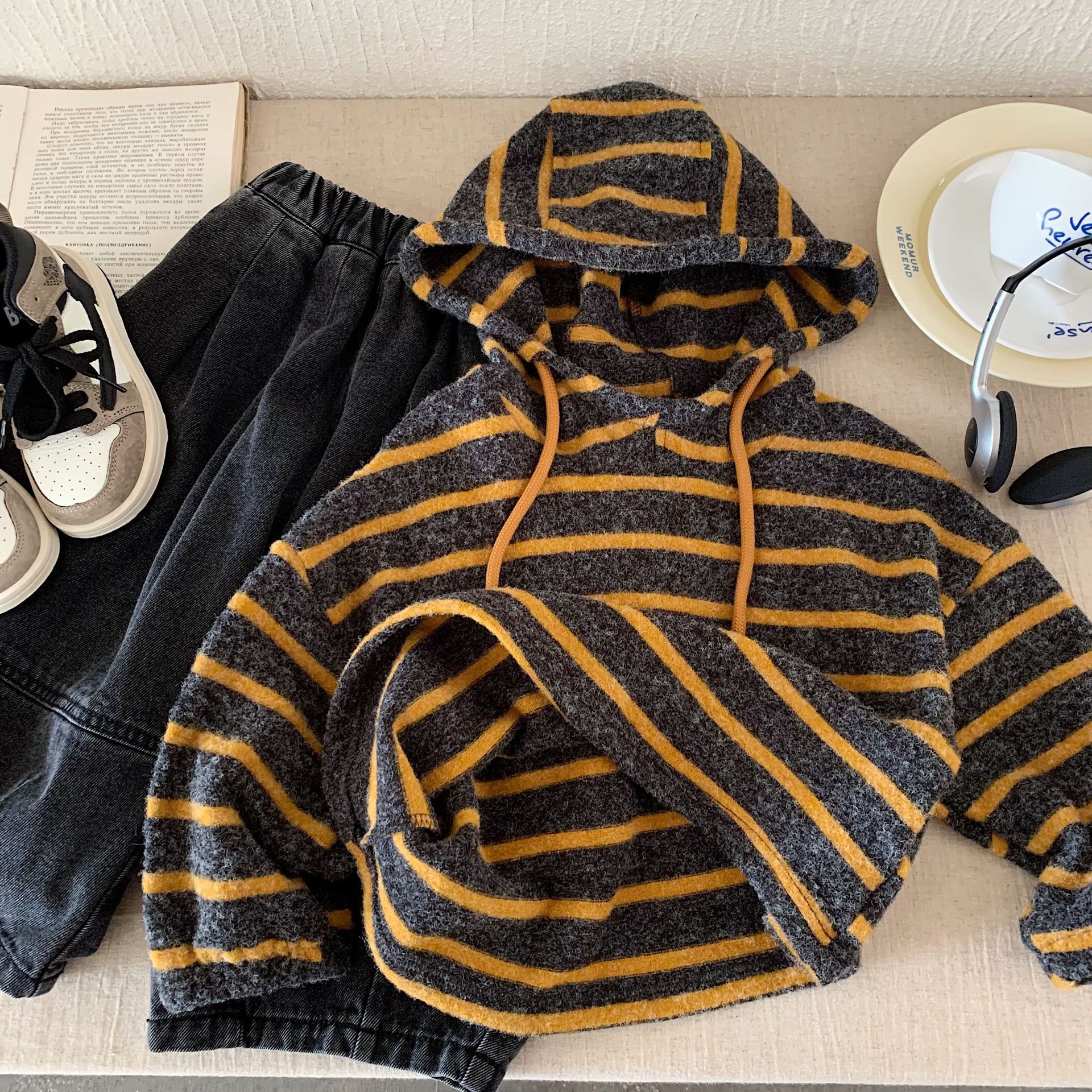 Kid Striped Hooded Contrasting Sweatshirt