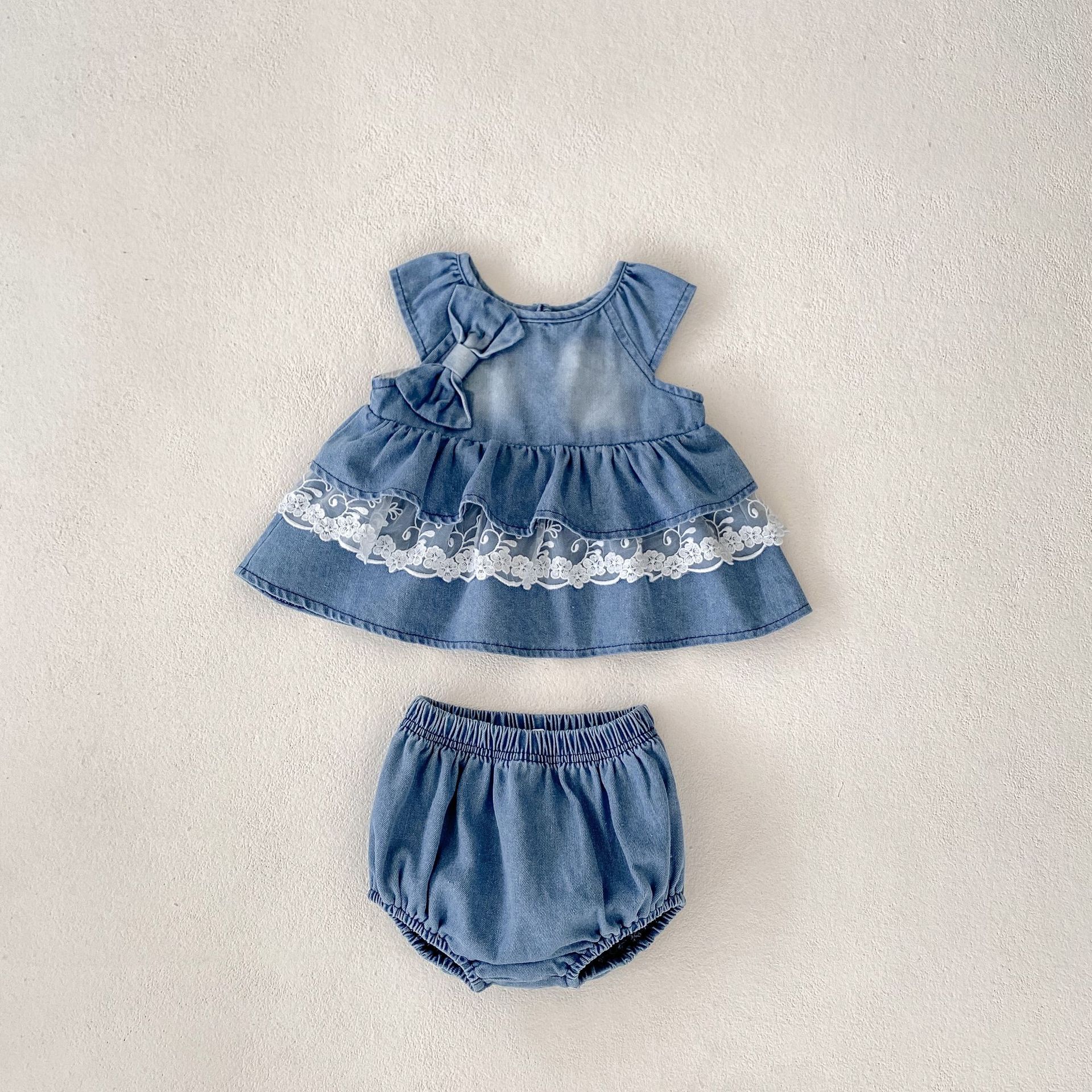 Baby Bow Tie Denim Dress and Shorts Set