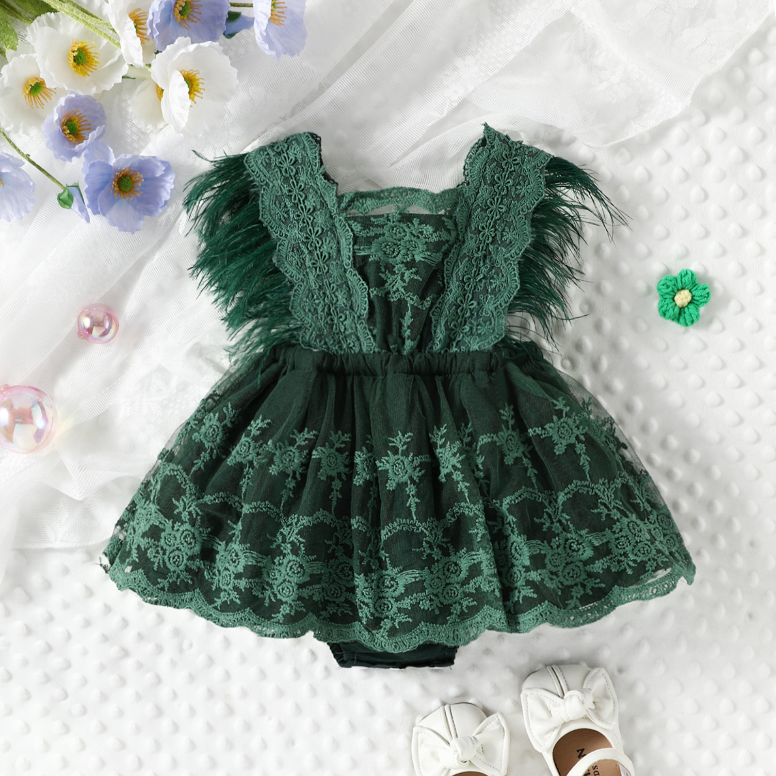 Baby Feather Sleeves Lace Skirted Bodysuit
