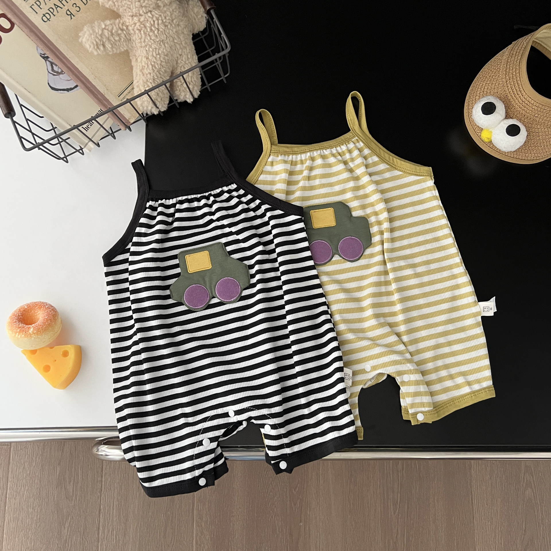 Baby Car Patch Striped Suspender Romper