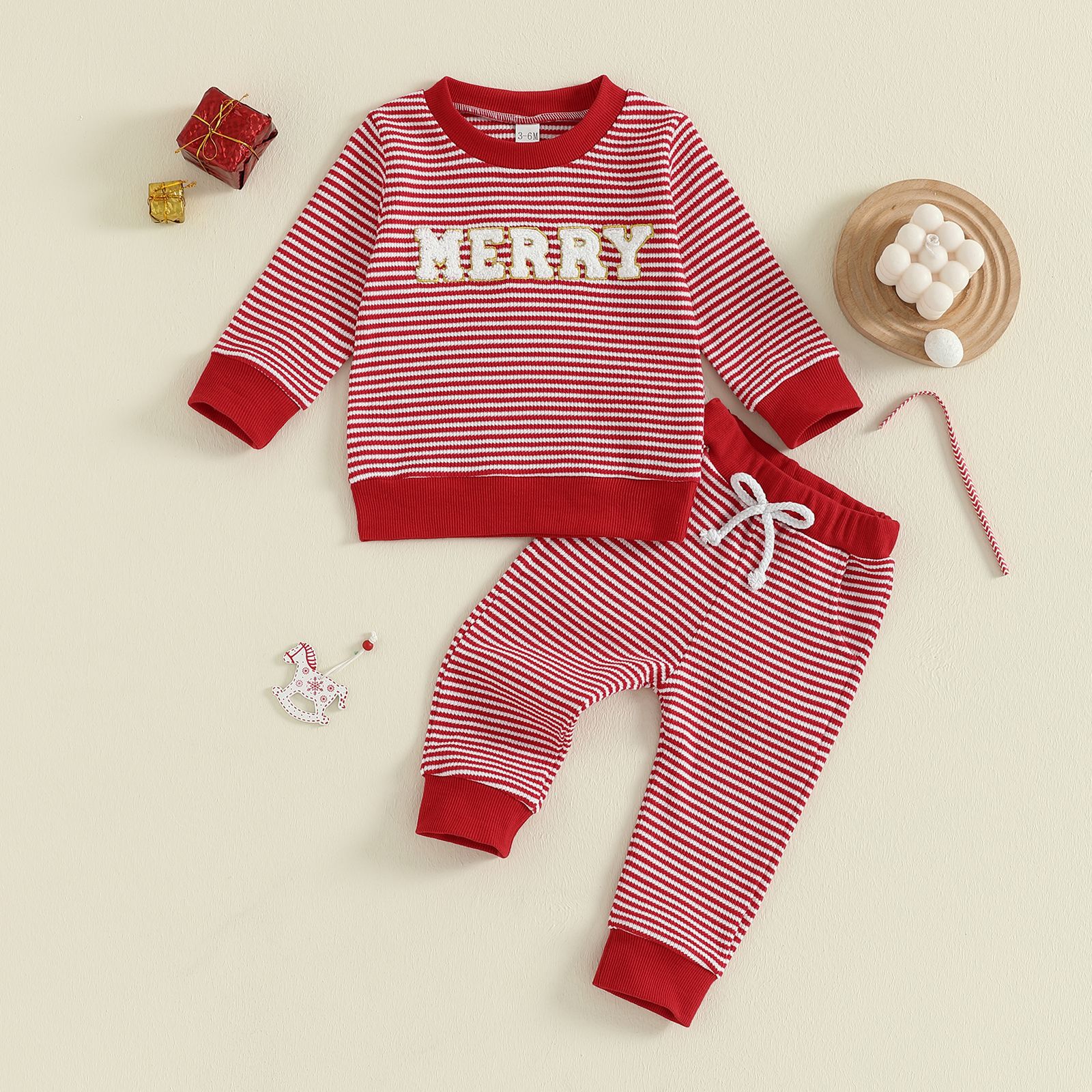Baby Christmas Waffle Kids MERRY Embroidery Stripe 2-Piece Set