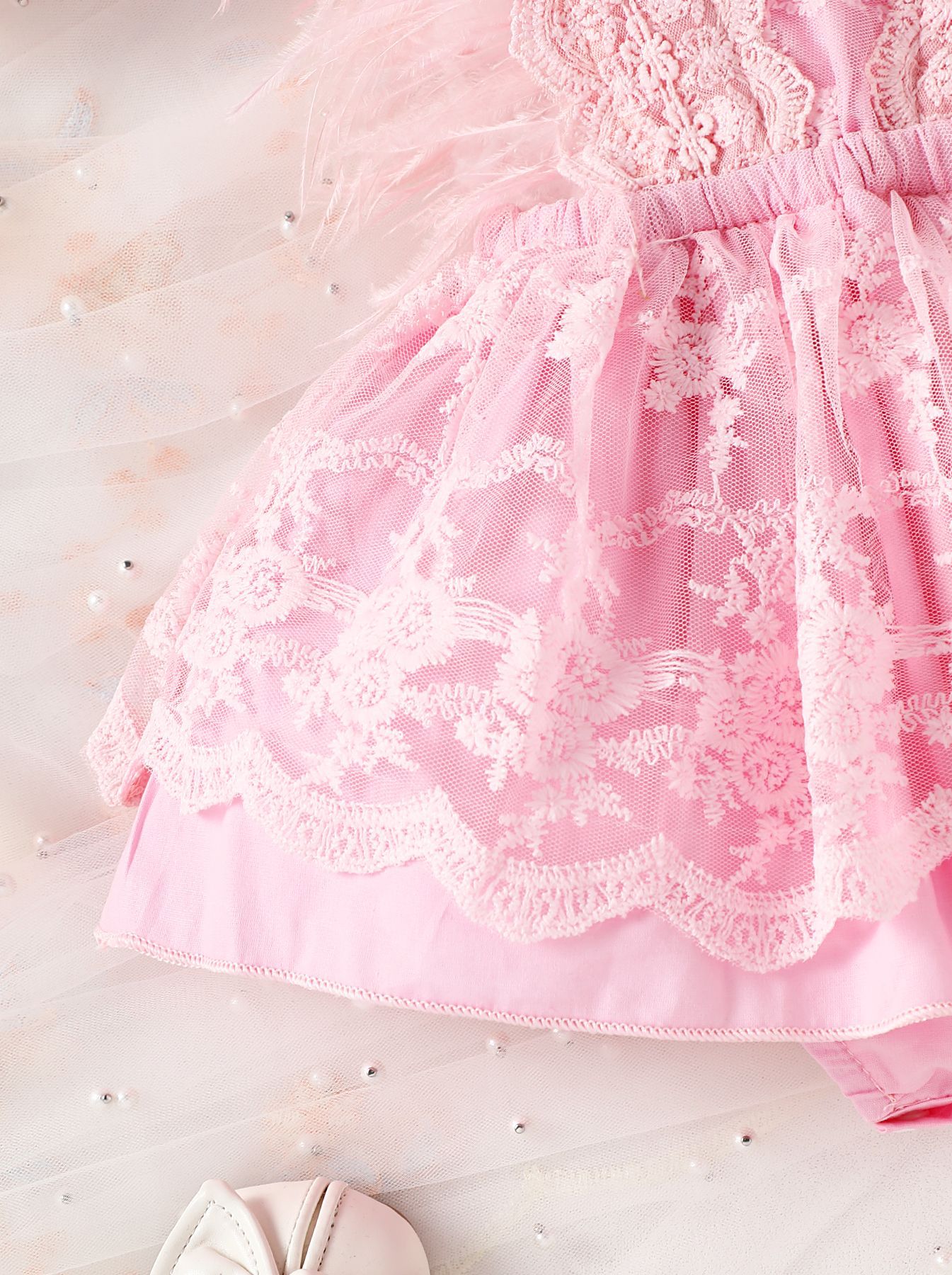 Baby Feather Sleeves Lace Skirted Bodysuit