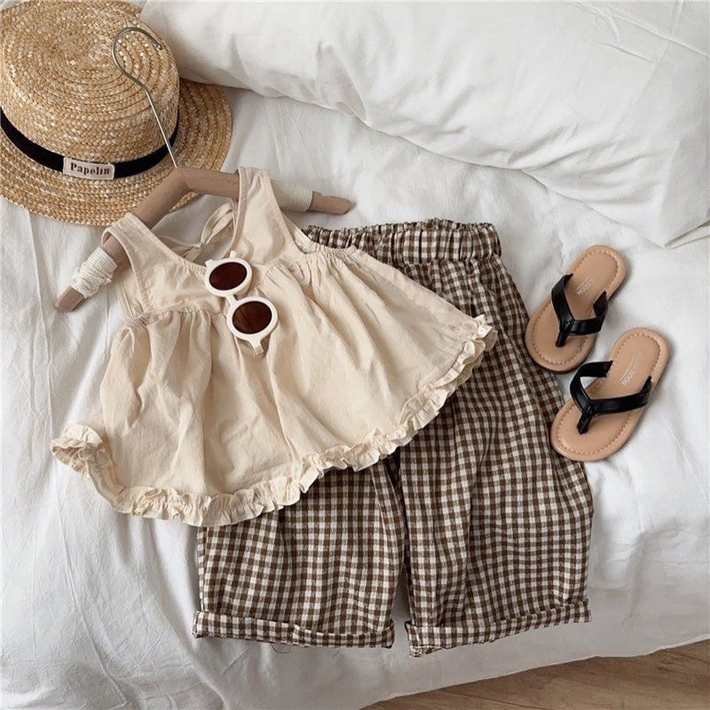 Kids Embroidered Tnak and Plaid Pants 2-Piece Set