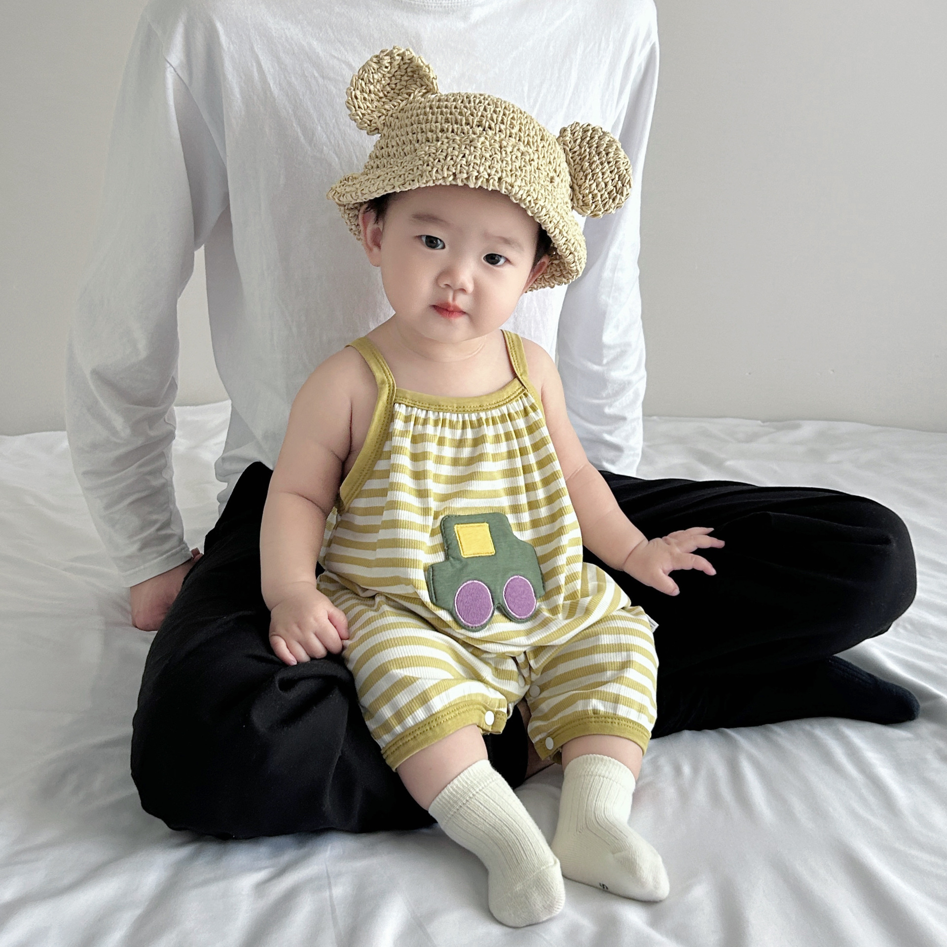 Baby Car Patch Striped Suspender Romper