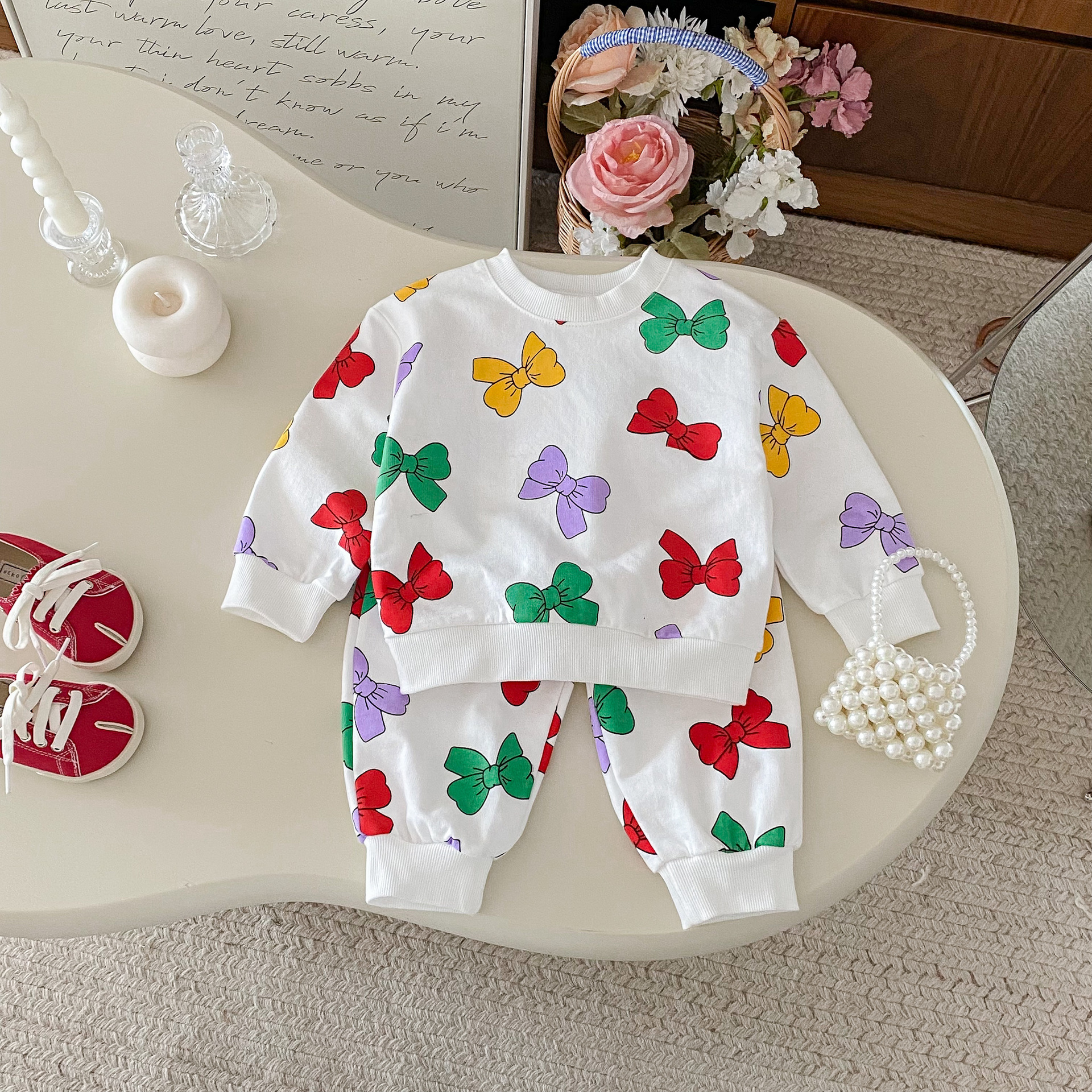 Toddler Girl 2 Piece Colorful Bow Sweatshirt Set