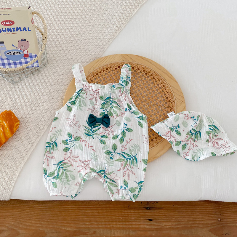 Baby Green Leaves White Romper With Hat