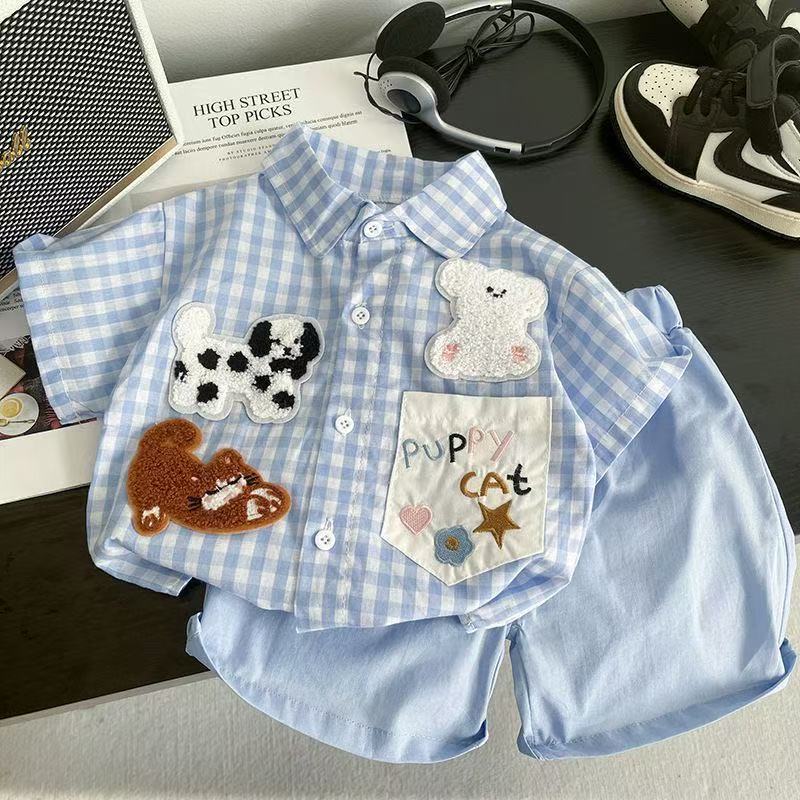 Baby Toddler Dog-Embroidered Plaid Sets