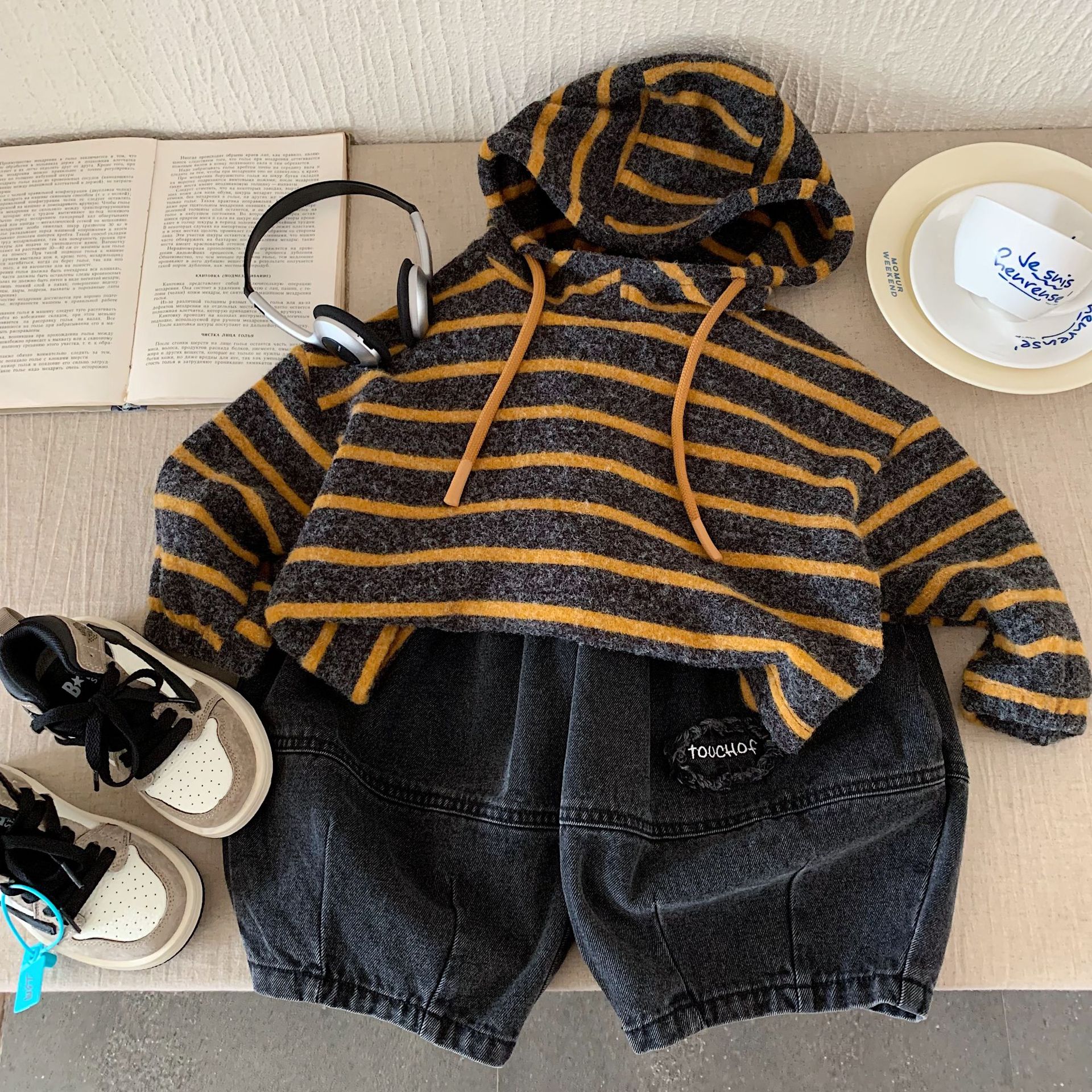 Kid Striped Hooded Contrasting Sweatshirt