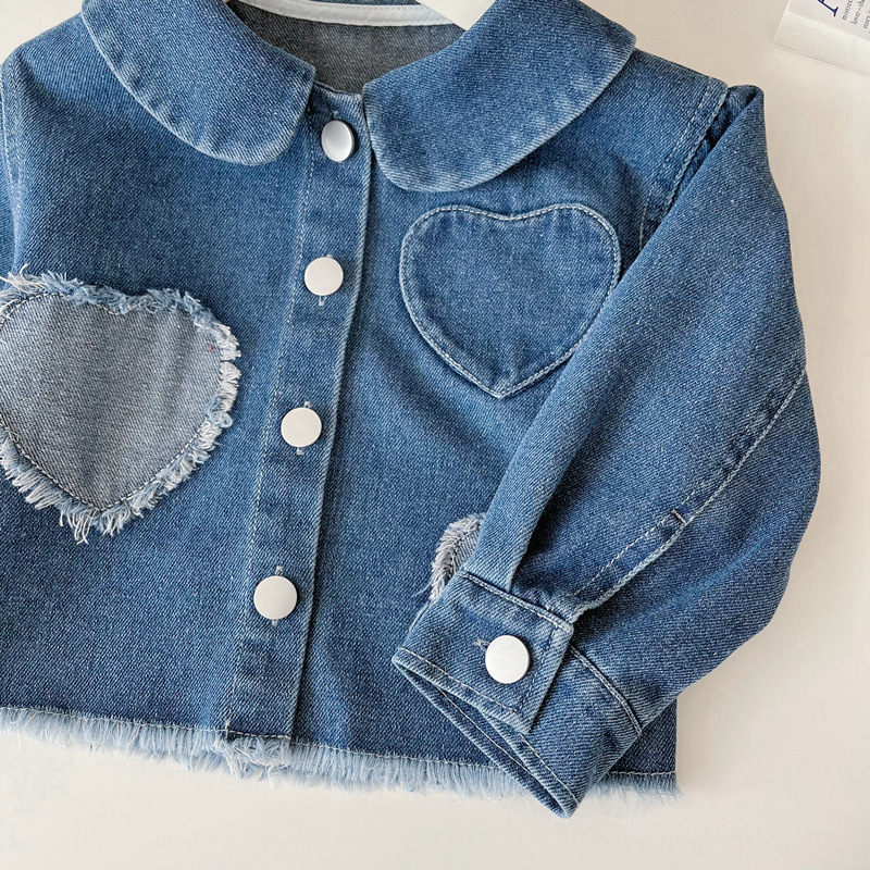 Toddler Girls Denim Love Patch Jacket Pleated Skirt Suit