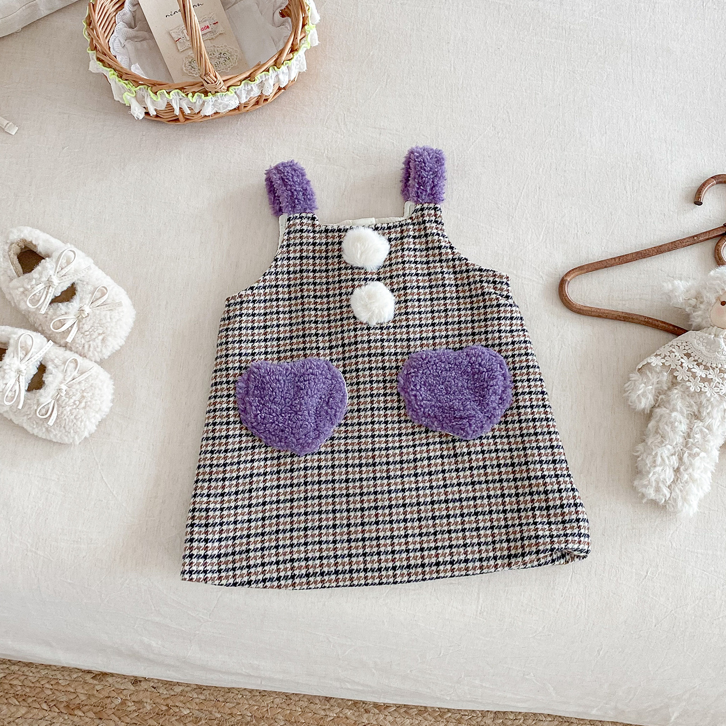 Baby Girl Plaid Heart Sleeveless Purple Dress & Black Top